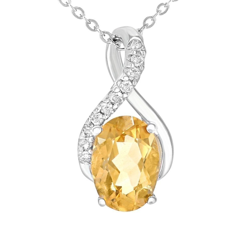 9ct White Gold Oval Citrine and Diamond Solitaire Pendant