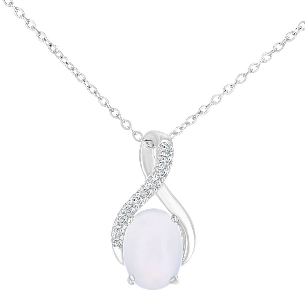 9ct White Gold Oval Opal and 0.05ct Diamond Crossover Pendant Necklace