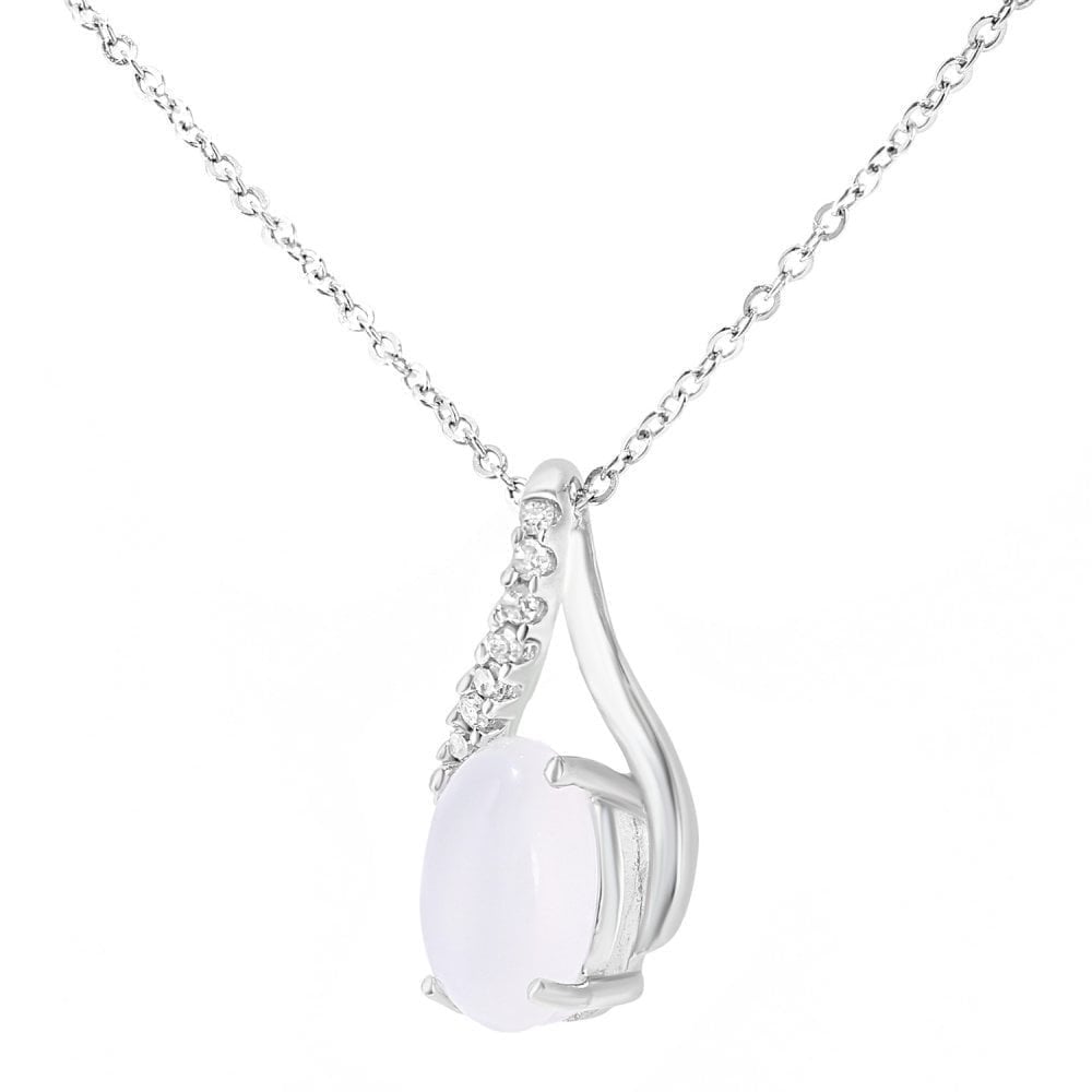 9ct White Gold Oval Opal and 0.05ct Diamond Crossover Pendant Necklace