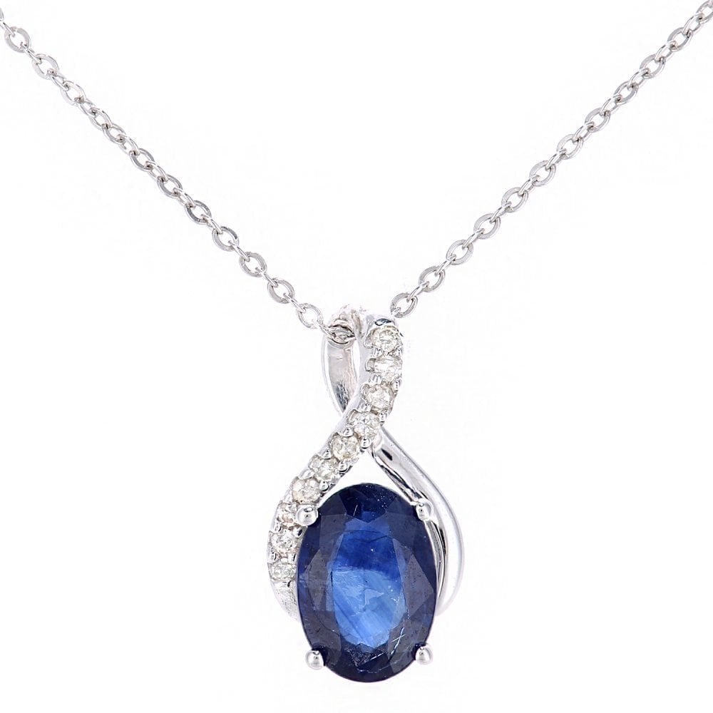 9ct White Gold 0.91ct Oval Natural Blue Sapphire & Diamond Kiss Necklace