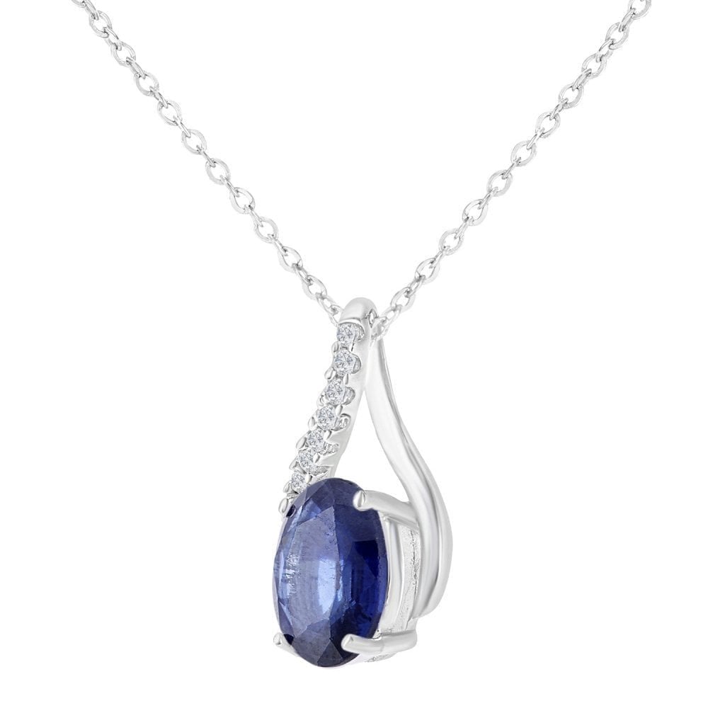 9ct White Gold 0.91ct Oval Natural Blue Sapphire & Diamond Kiss Necklace