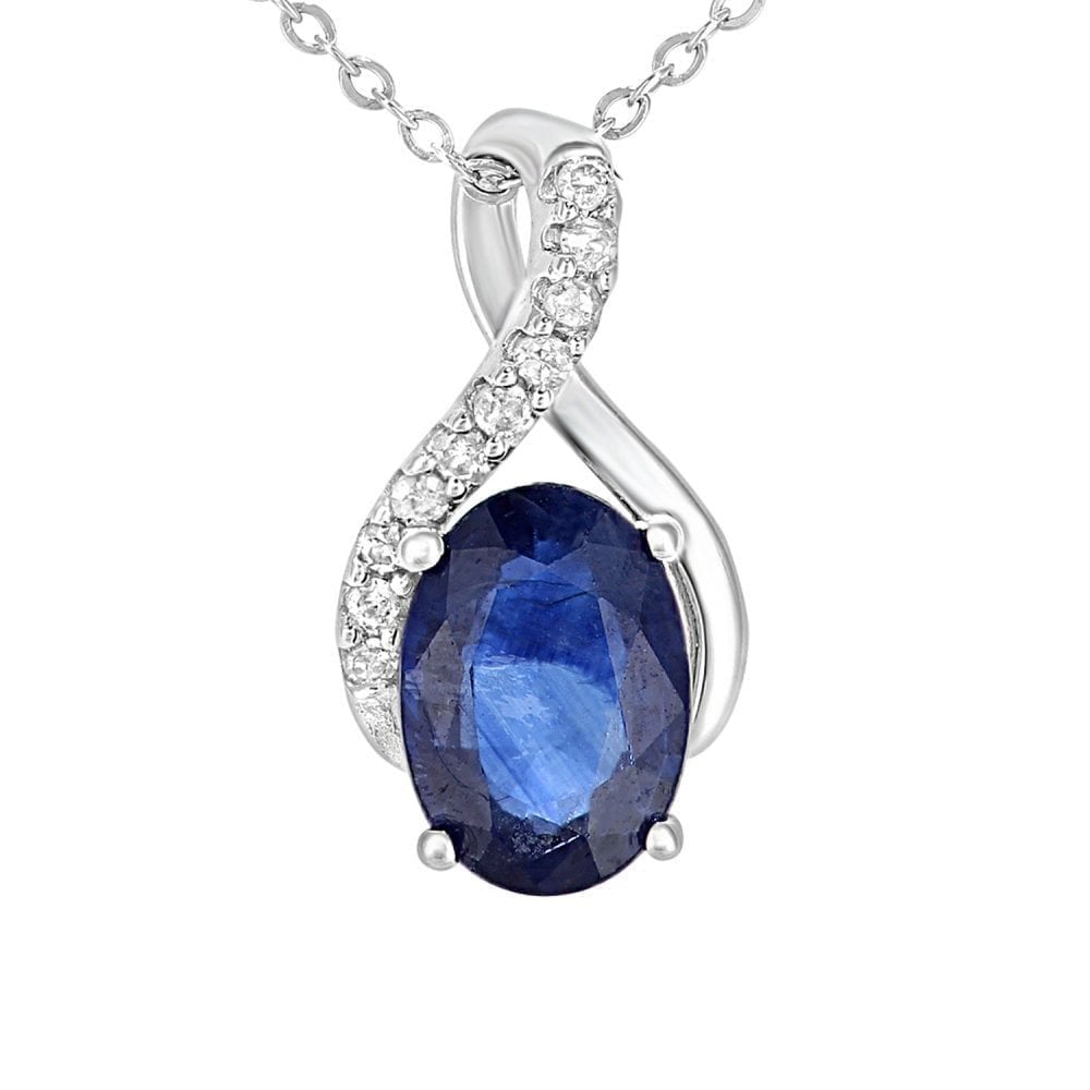 9ct White Gold 0.91ct Oval Natural Blue Sapphire & Diamond Kiss Necklace
