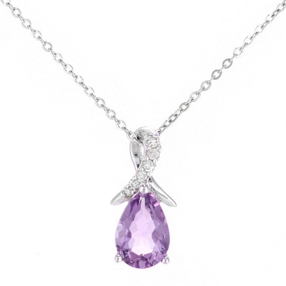 9ct White Gold Pear Amethyst and 0.02ct Diamond Pendant Necklace