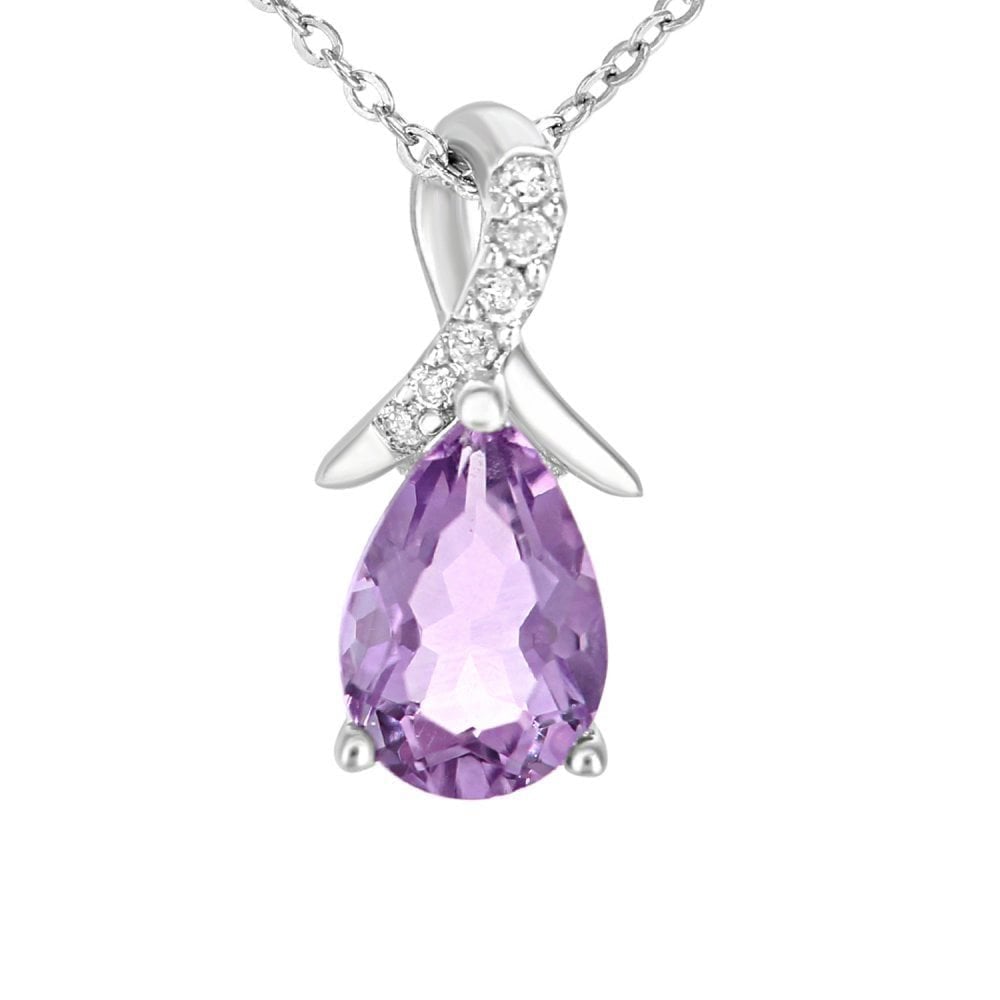 9ct White Gold Pear Amethyst and 0.02ct Diamond Pendant Necklace