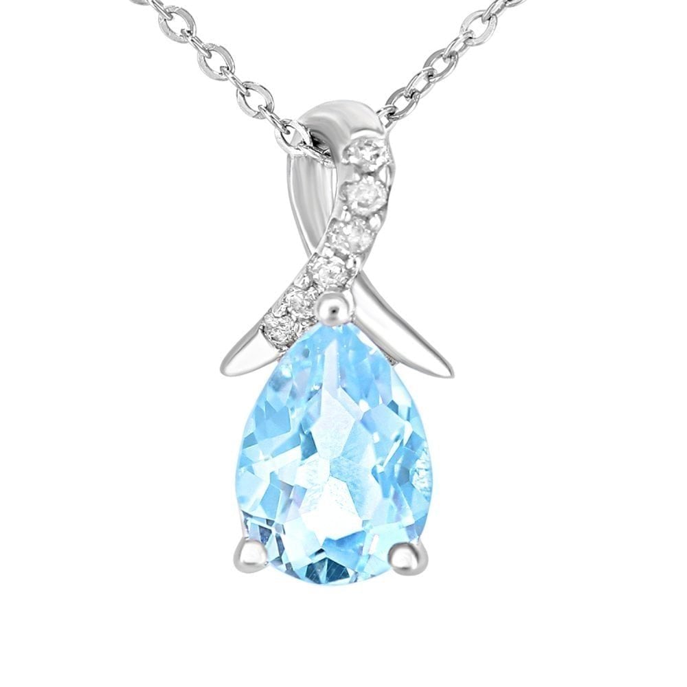 9ct Yellow Gold Pear Sky Blue Topaz and Diamond Kiss Pendant with Chain