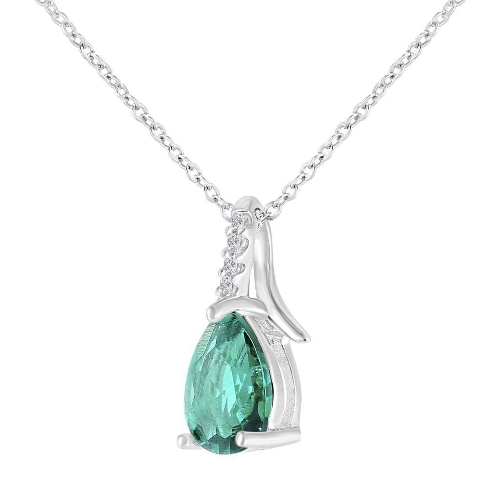 9ct White Gold Pear Created Emerald and 0.02ct Diamond Pendant Necklace