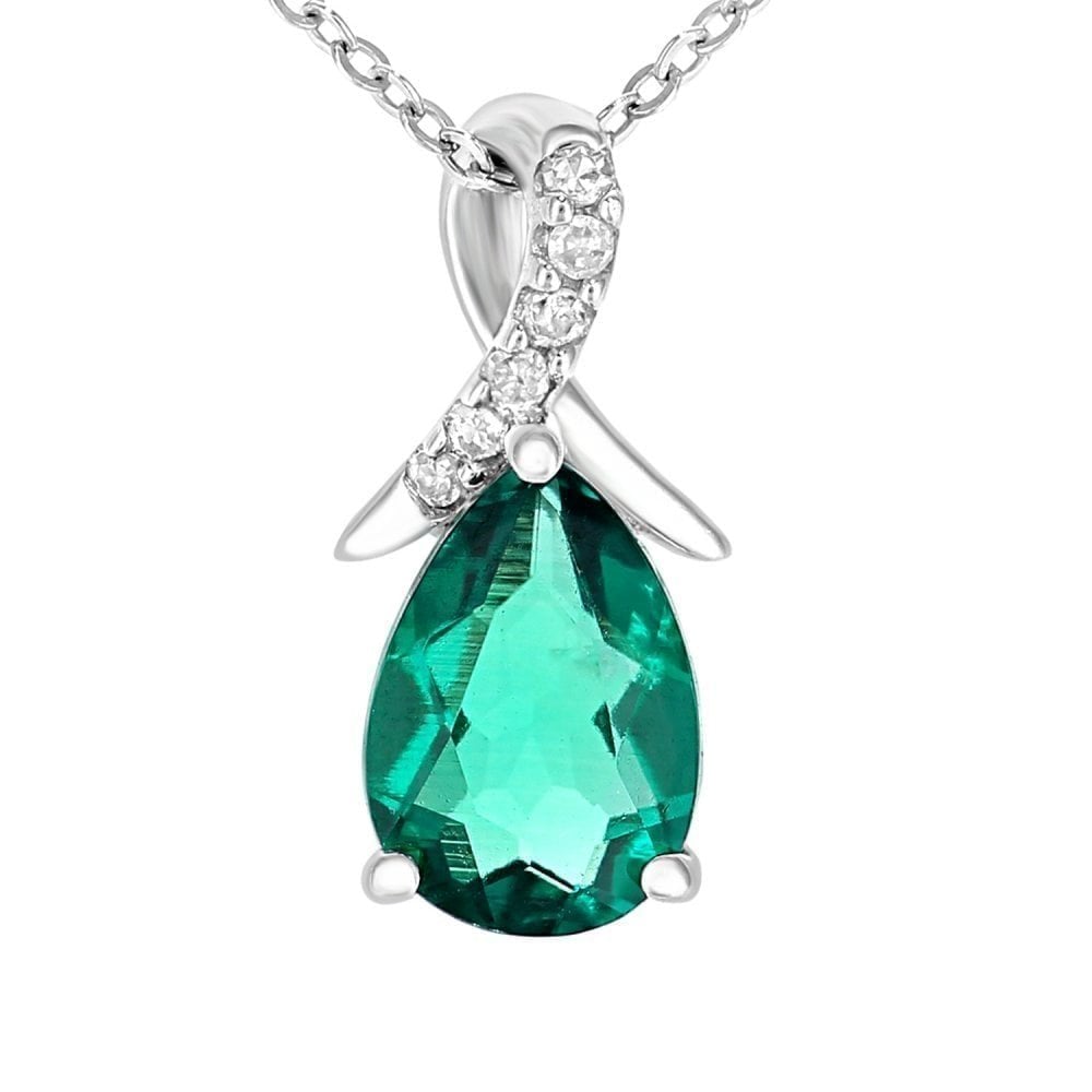 9ct White Gold Pear Created Emerald and 0.02ct Diamond Pendant Necklace