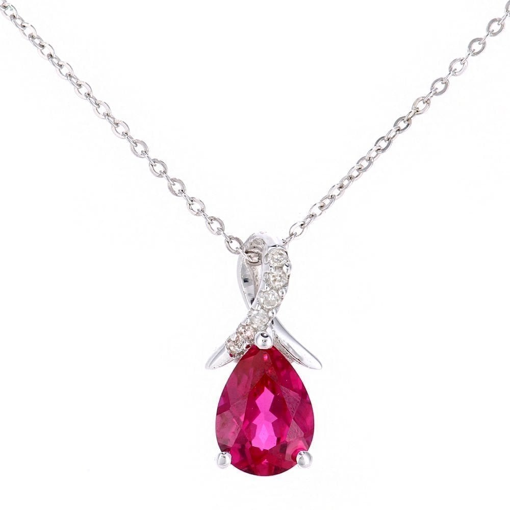 9ct White Gold Pear Created Ruby and 0.02ct Diamond Pendant Necklace