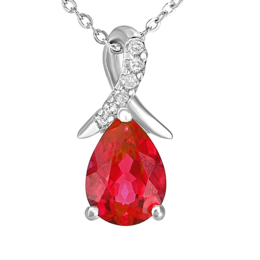 9ct White Gold Pear Created Ruby and 0.02ct Diamond Pendant Necklace