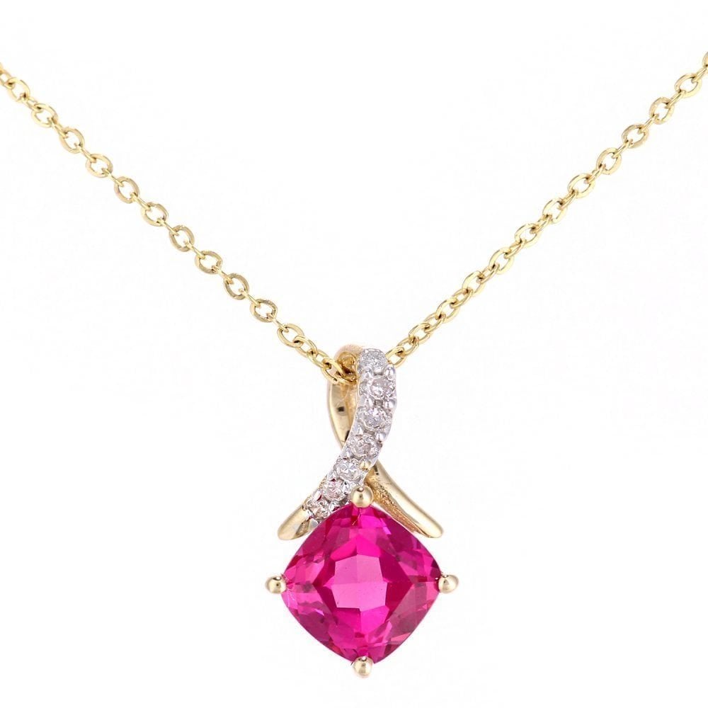 9ct Yellow Gold Cushion Created Ruby Crossover 0.02ct Diamond Pendant Necklace