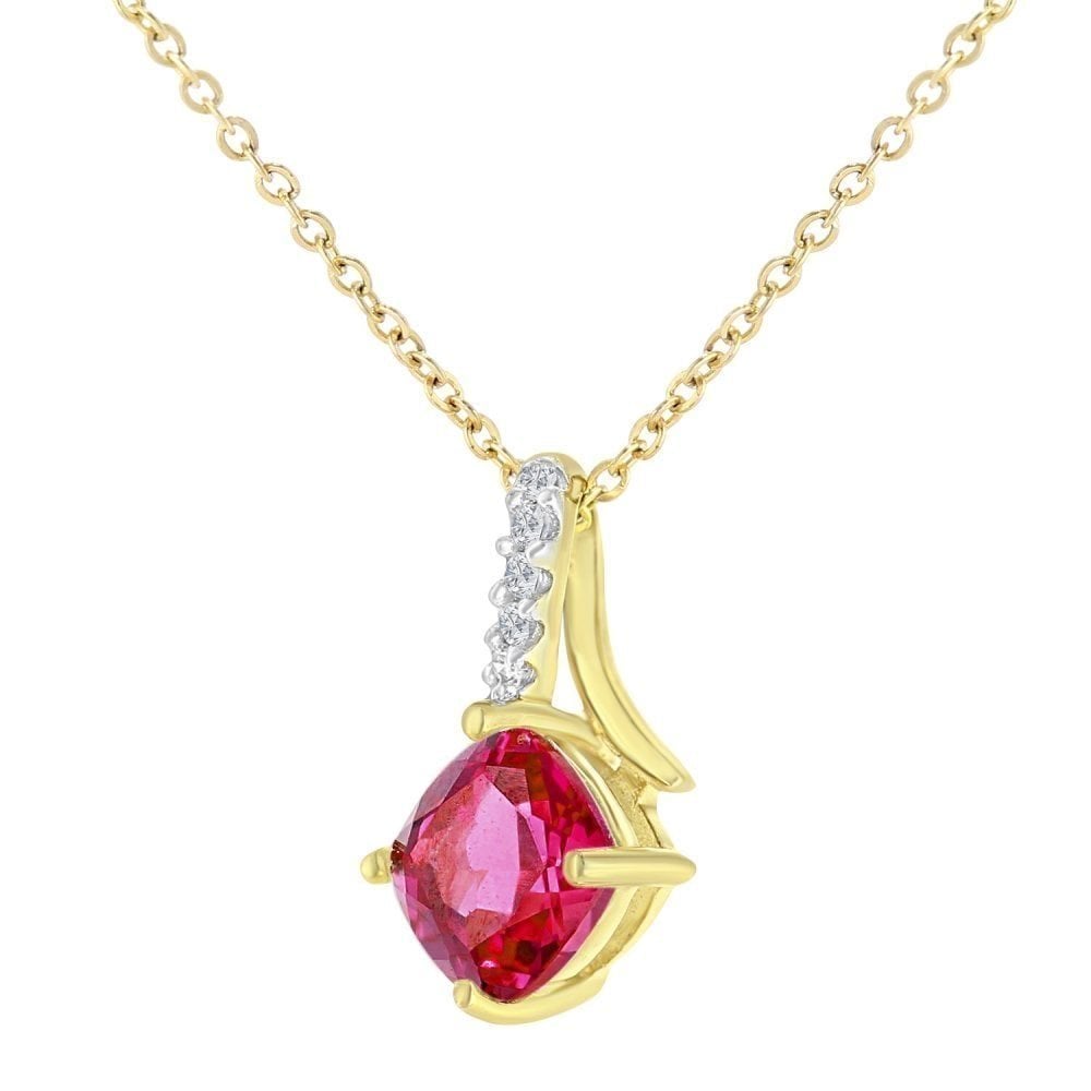 9ct Yellow Gold Cushion Created Ruby Crossover 0.02ct Diamond Pendant Necklace