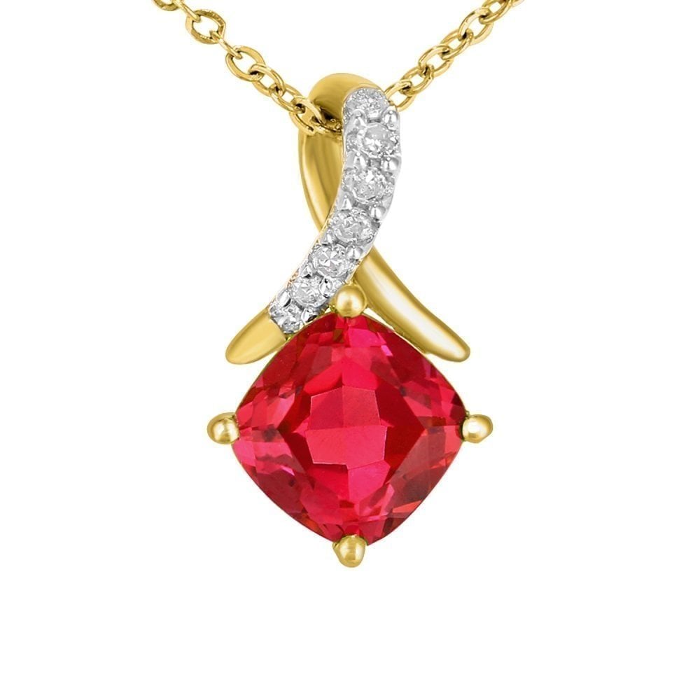 9ct Yellow Gold Cushion Created Ruby Crossover 0.02ct Diamond Pendant Necklace