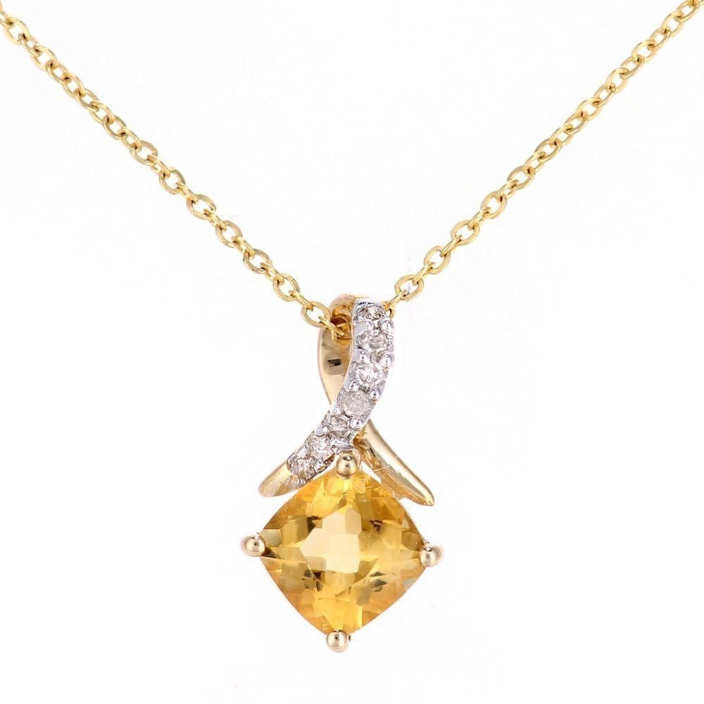 9k White Gold Cushion Citrine and Diamond Solitaire Pendant