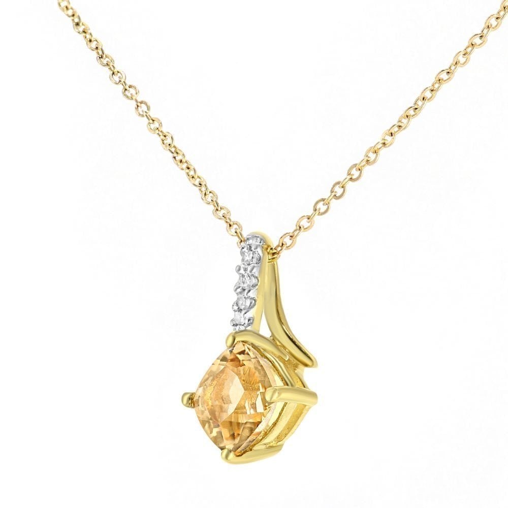 9k White Gold Cushion Citrine and Diamond Solitaire Pendant