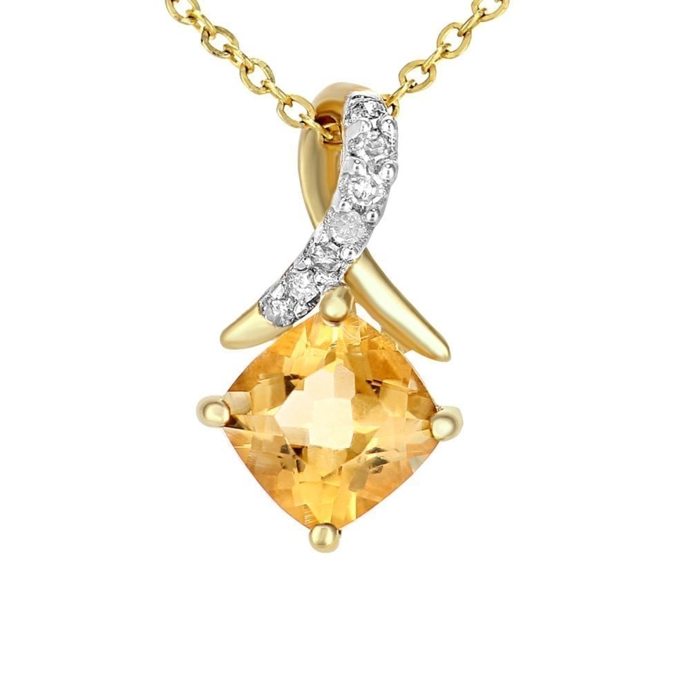9k White Gold Cushion Citrine and Diamond Solitaire Pendant