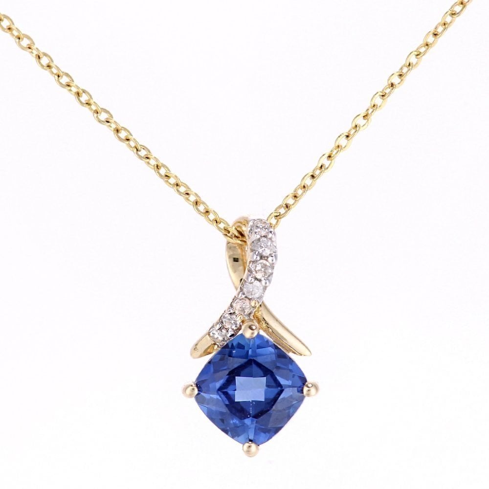 9ct Yellow Gold Created Tanzanite Crossover Diamond Pendant Necklace