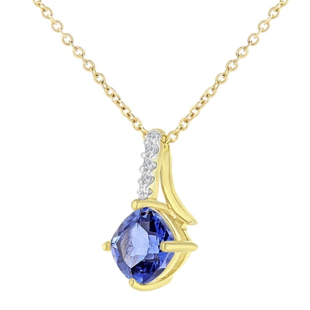 9ct Yellow Gold Created Tanzanite Crossover Diamond Pendant Necklace
