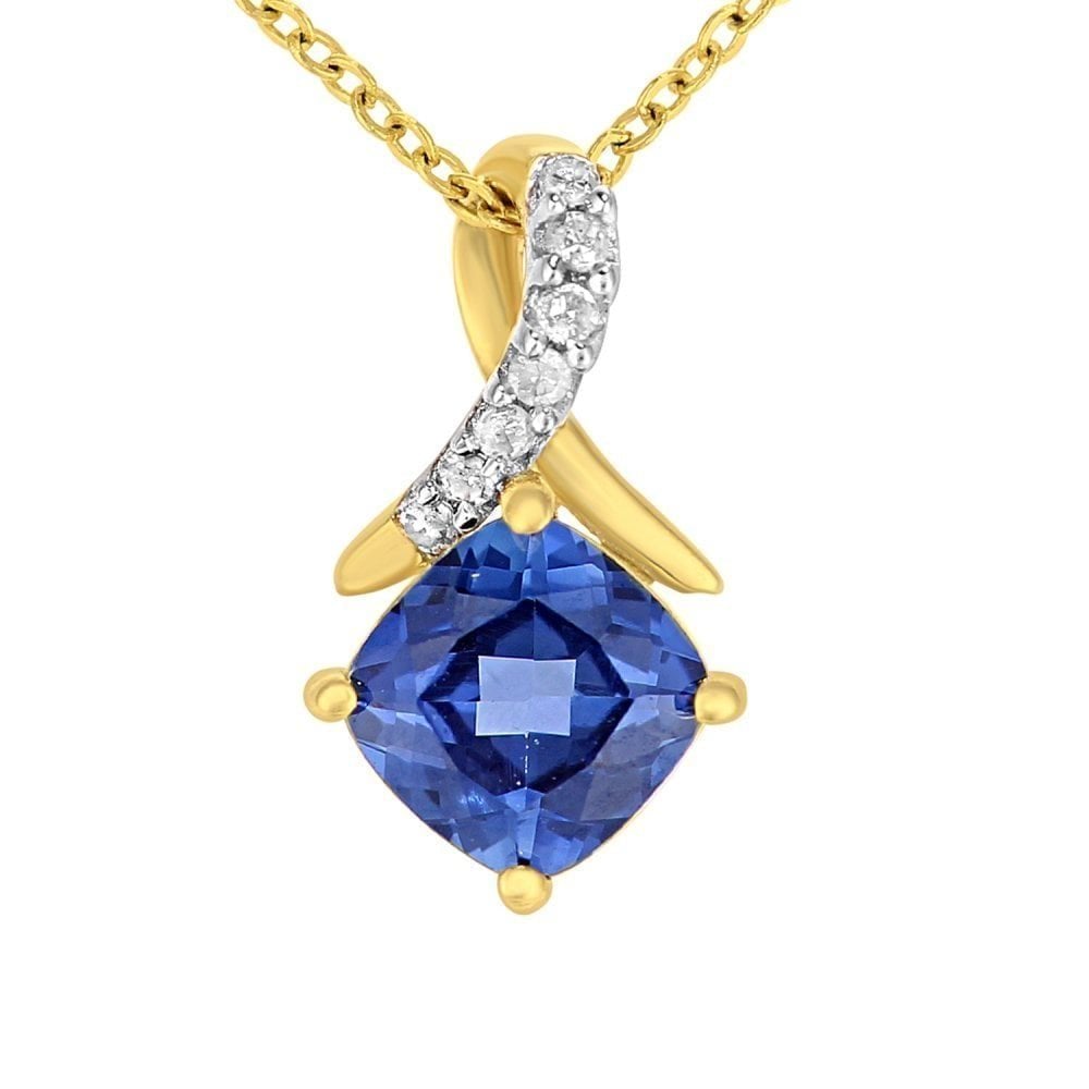 9ct Yellow Gold Created Tanzanite Crossover Diamond Pendant Necklace