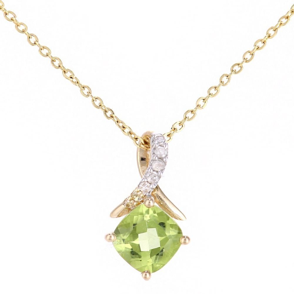 9ct Yellow Gold Cushion Peridot Crossover 0.03ct Diamond Pendant Necklace