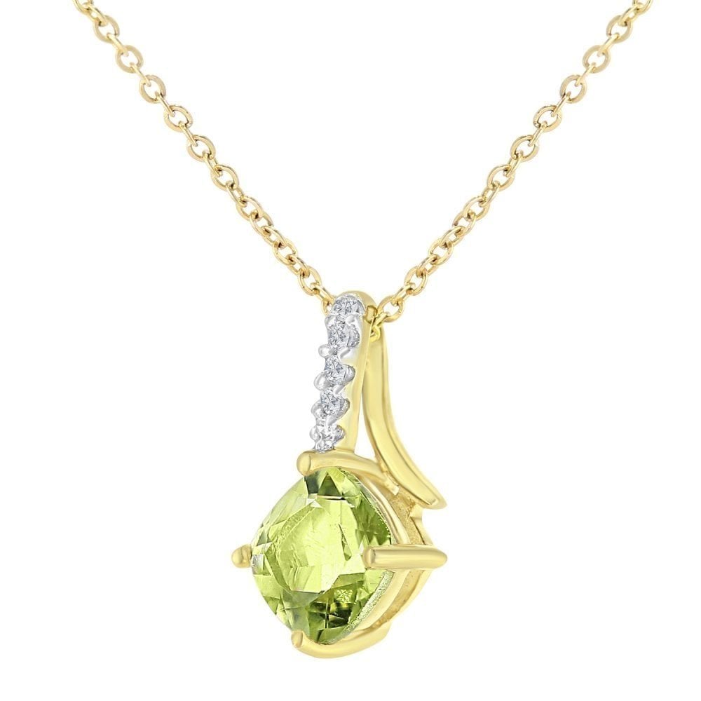 9ct Yellow Gold Cushion Peridot Crossover 0.03ct Diamond Pendant Necklace