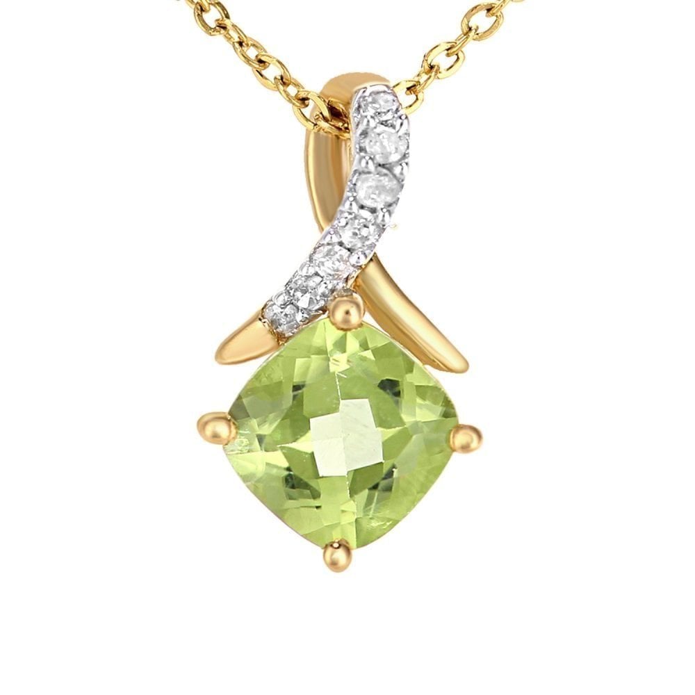 9ct Yellow Gold Cushion Peridot Crossover 0.03ct Diamond Pendant Necklace