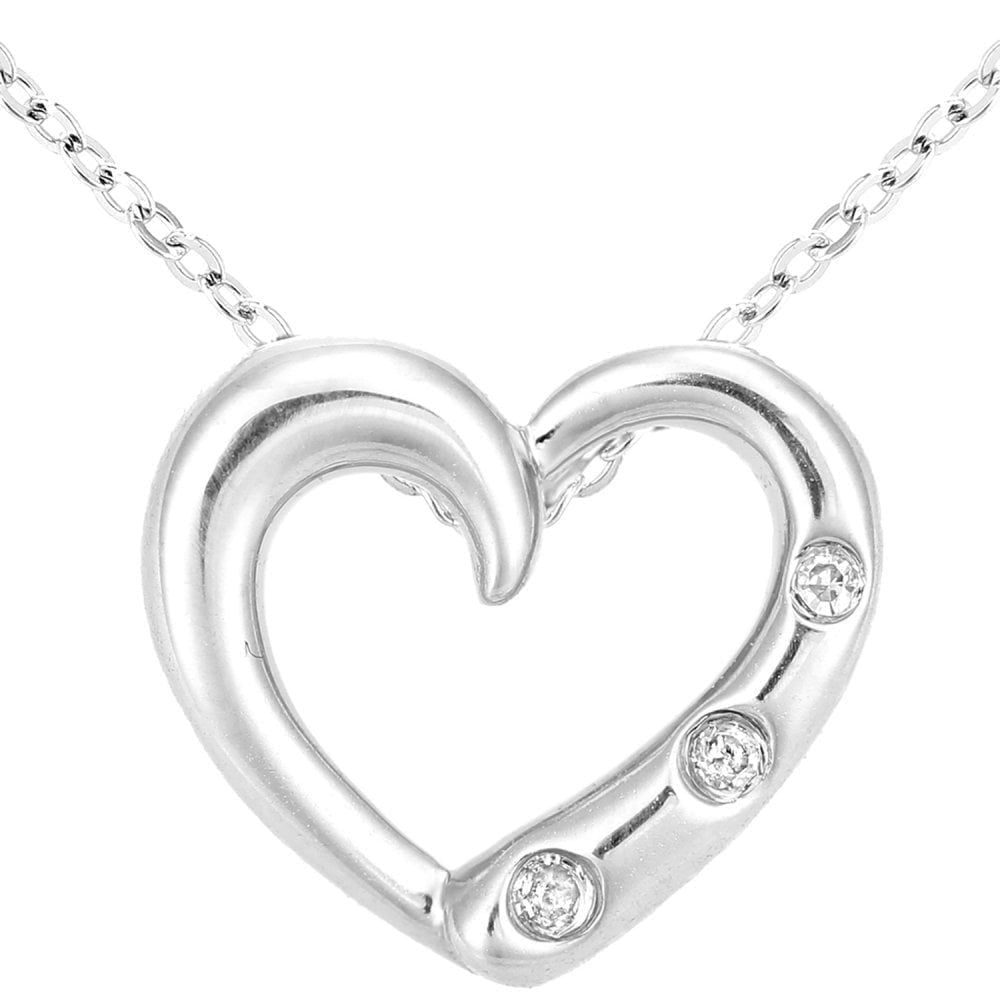 9ct White Gold Natural Diamond Three Stone Heart Necklace