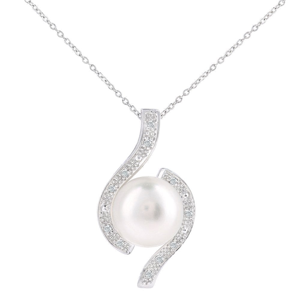 9ct White Gold Cultured Pearl 0.05ct Diamond Pendant Necklace