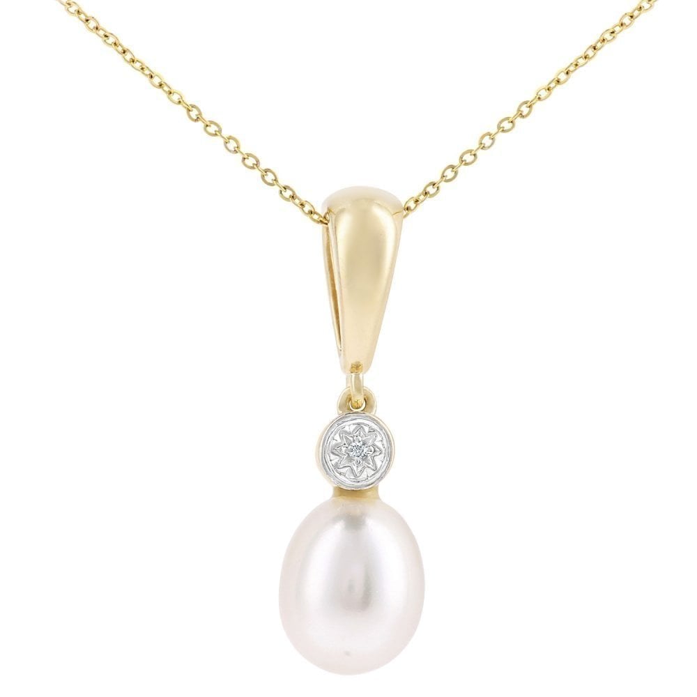 9ct Yellow Gold Cultured Pearl 0.01ct Diamond Pendant Necklace