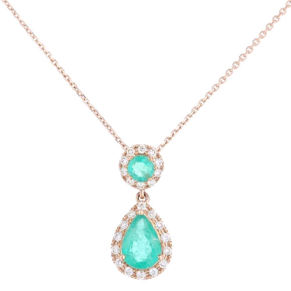 9ct White Gold Emerald & Diamond Teardrop Halo Pendant Necklace