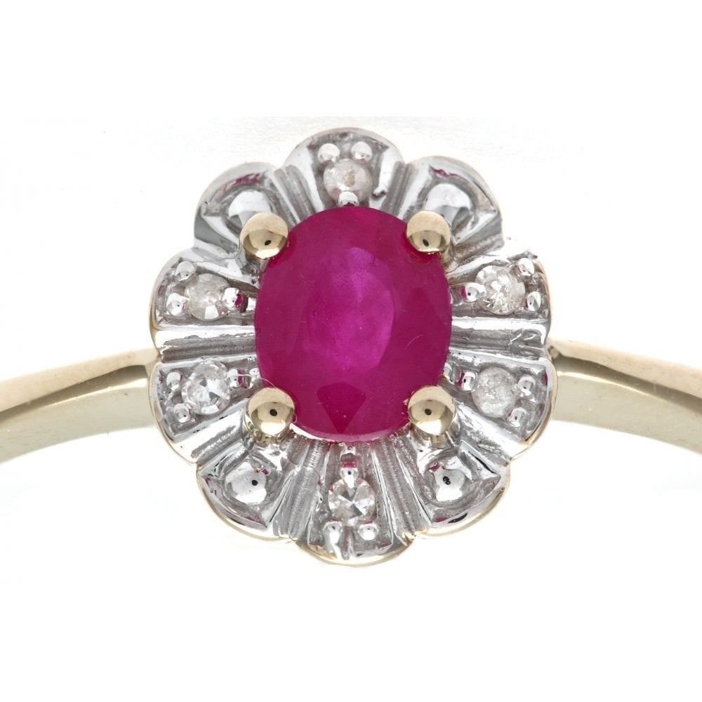 9ct Yellow Gold Ruby & 0.03ct Diamond Cluster Ring