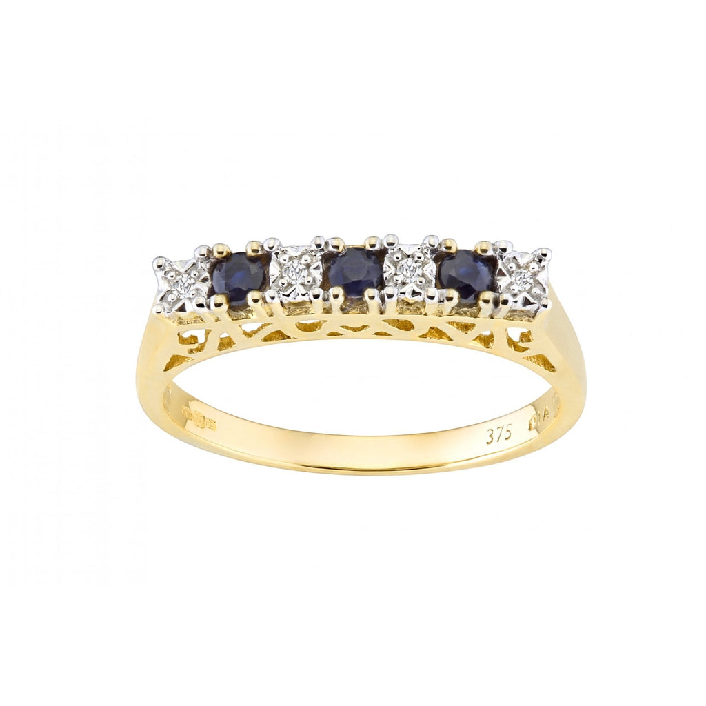 Round Natural Blue Sapphire and Diamond 7 Stone Half Eternity Ring in 9ct Yellow Gold