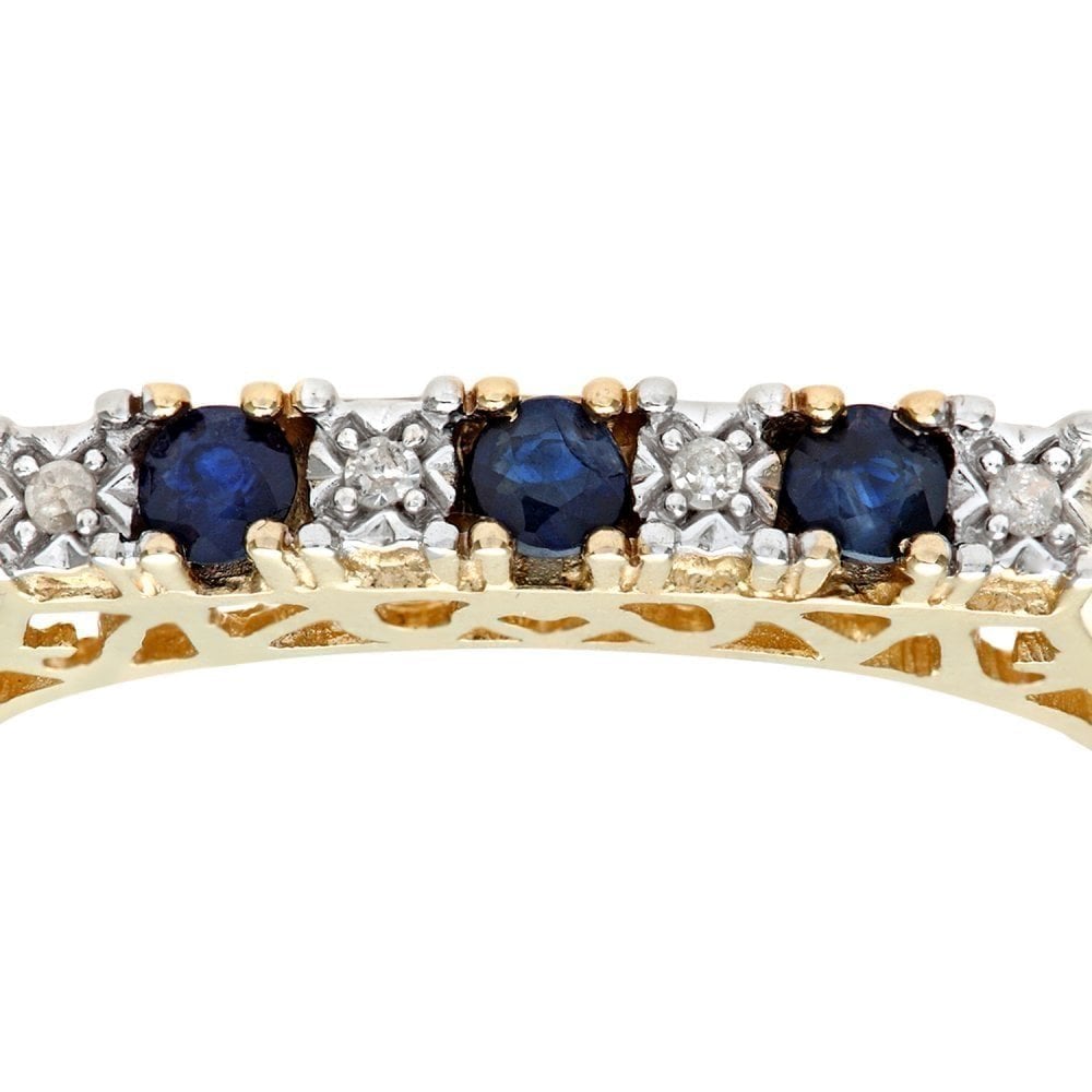 Round Natural Blue Sapphire and Diamond 7 Stone Half Eternity Ring in 9ct Yellow Gold