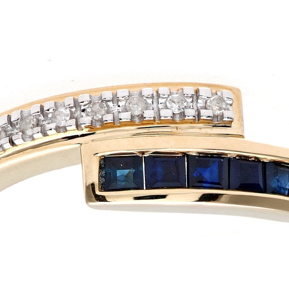 Princess Natural Blue Sapphire and Diamond Crossover Band Ring in 9ct Yellow Gold