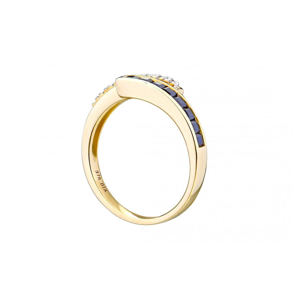 Princess Natural Blue Sapphire and Diamond Crossover Band Ring in 9ct Yellow Gold