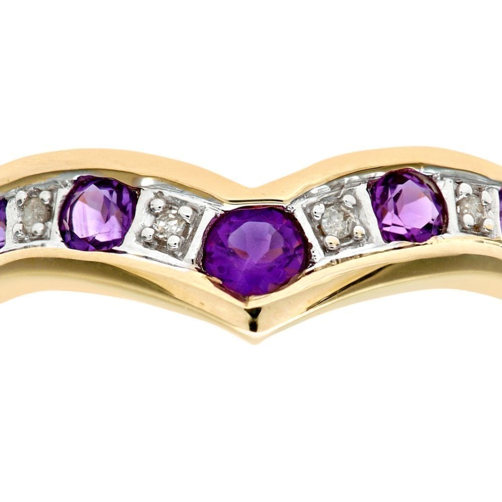 9ct Yellow Gold Amethyst & 0.02ct Diamond Wishbone Ring
