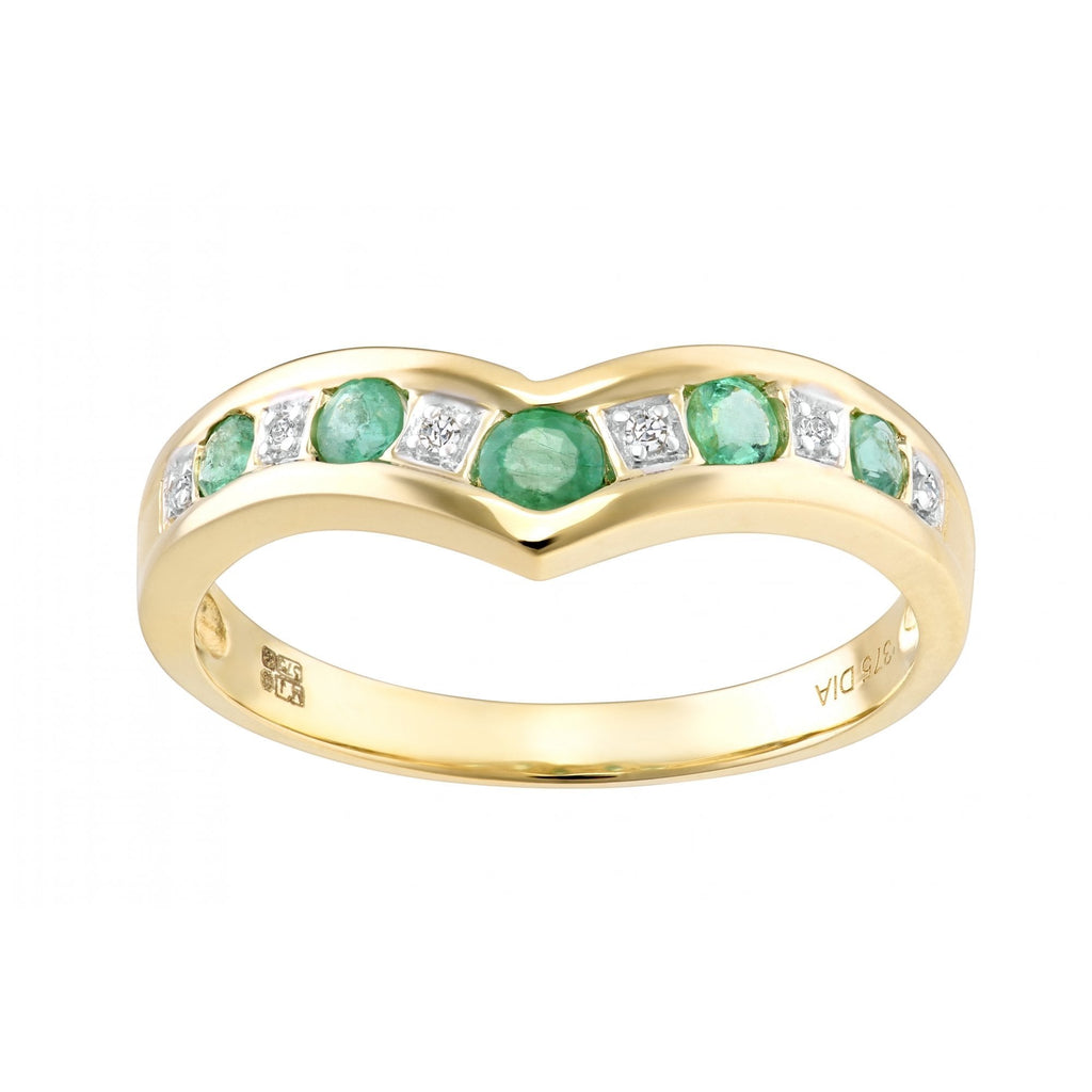 9ct Yellow Gold Emerald & 0.02ct Diamond Wishbone Ring
