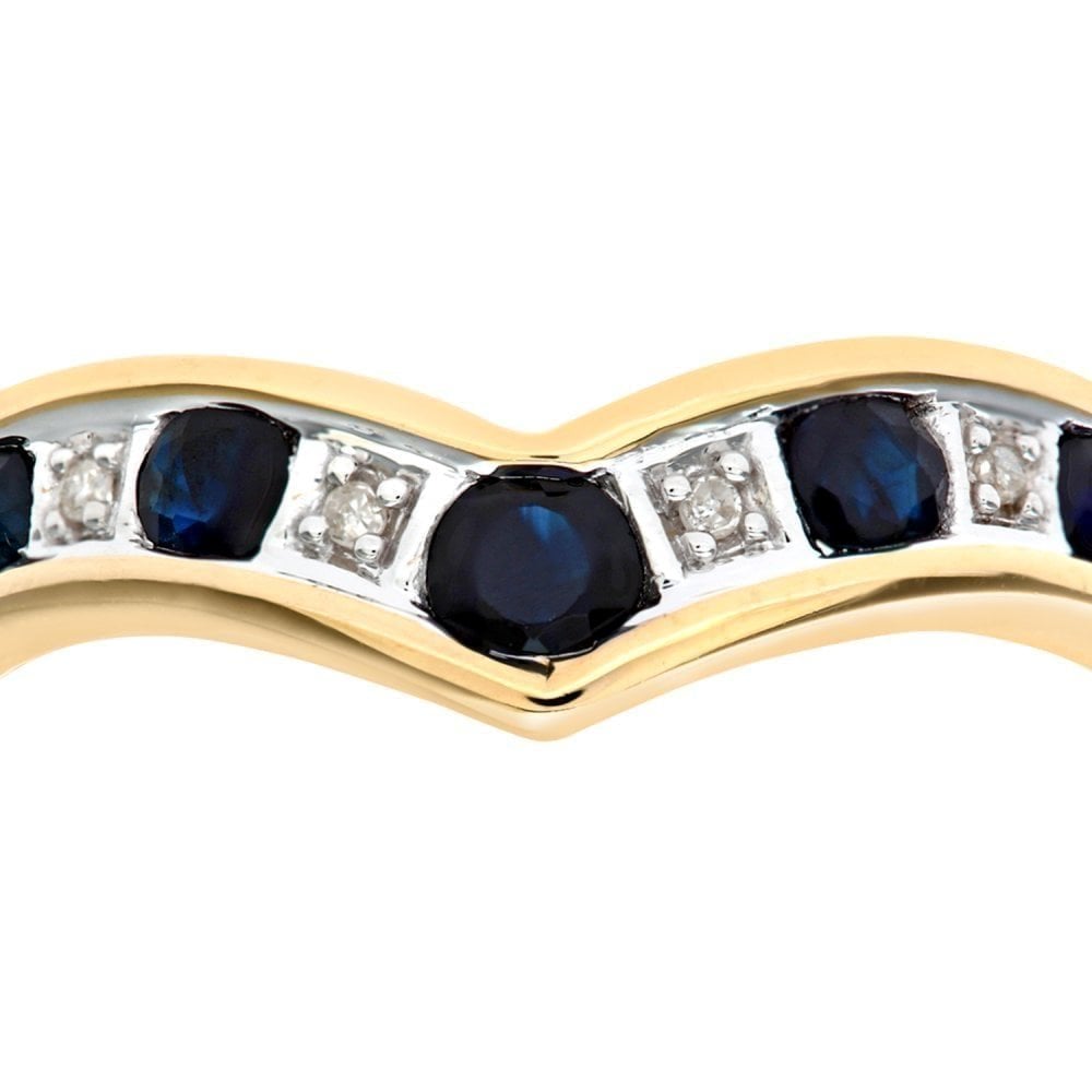 Round Natural Blue Sapphire and Diamond Wishbone Ring in 9ct Yellow Gold
