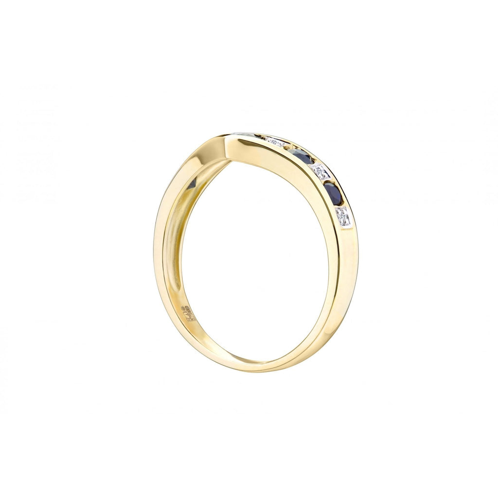 Round Natural Blue Sapphire and Diamond Wishbone Ring in 9ct Yellow Gold