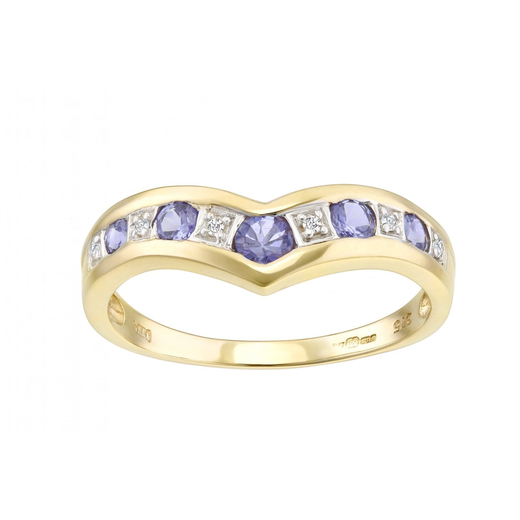 9ct Yellow Gold Tanzanite & 0.02ct Diamond Wishbone Ring