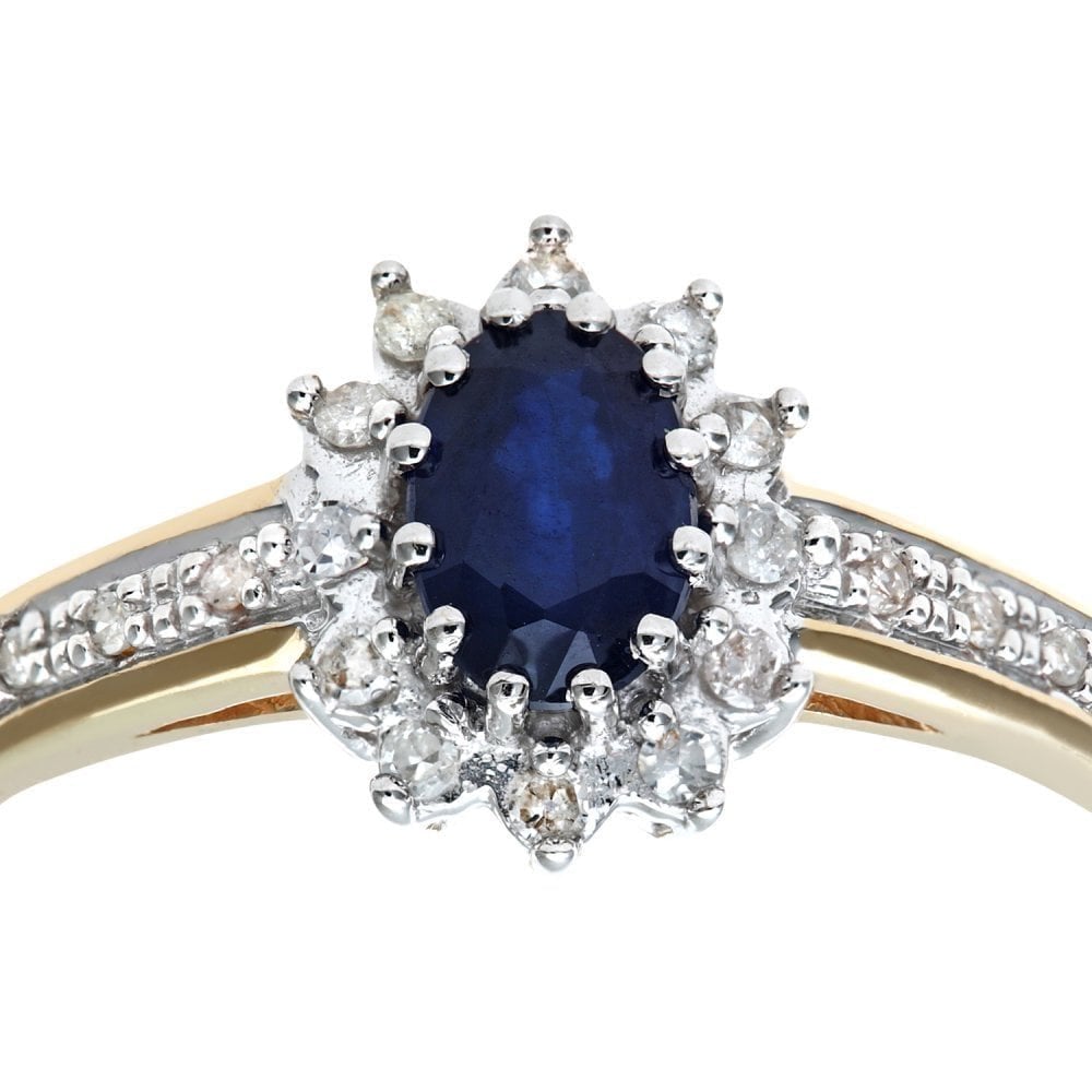 0.62 Ct Oval Natural Blue Sapphire and Diamond Victrian Halo Ring in 9ct Yellow Gold