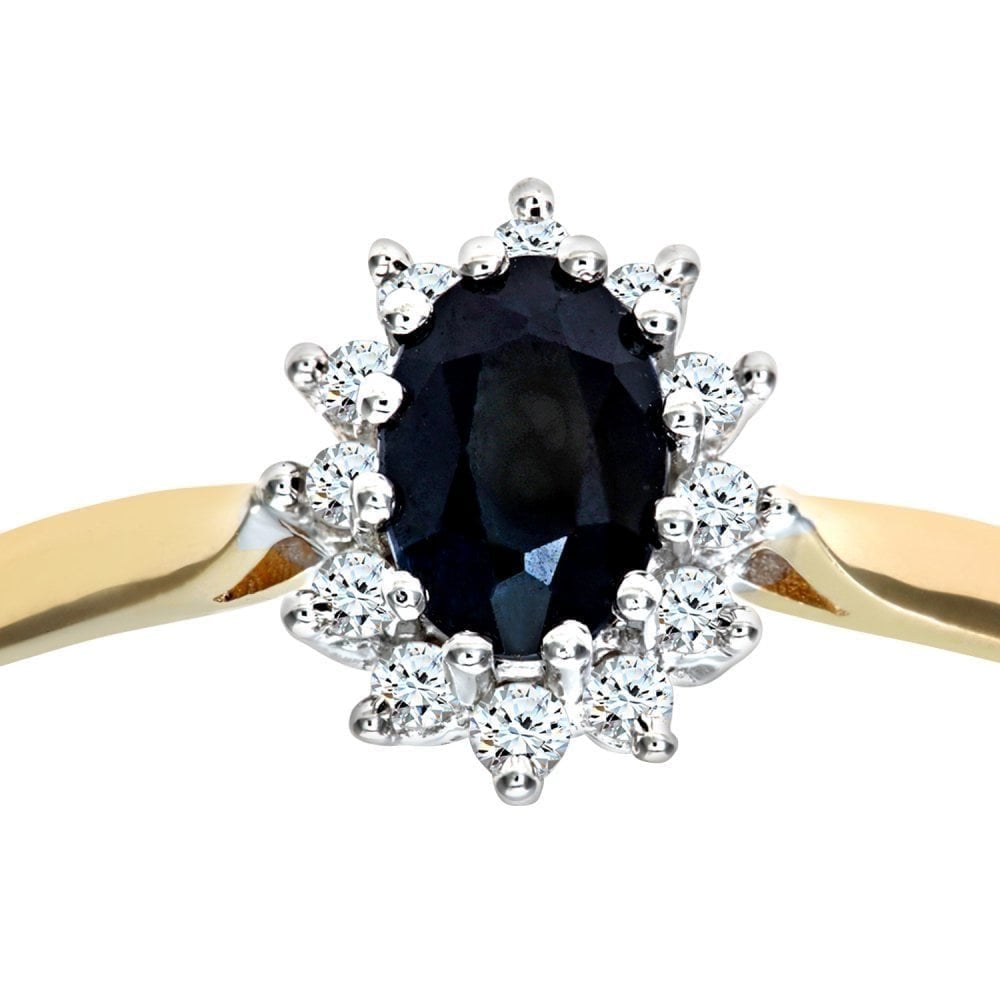 0.89 Ct Oval Natural Blue Sapphire and Diamond Victorian Halo Ring in 9ct Yellow Gold