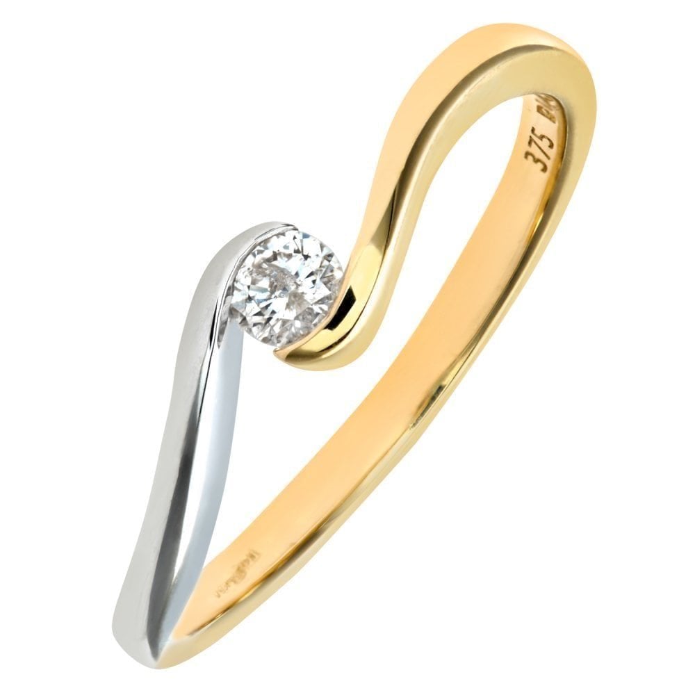 9ct Yellow and White Gold 0.10 Carat Natural Diamond Solitaire Bypass Engagement Ring