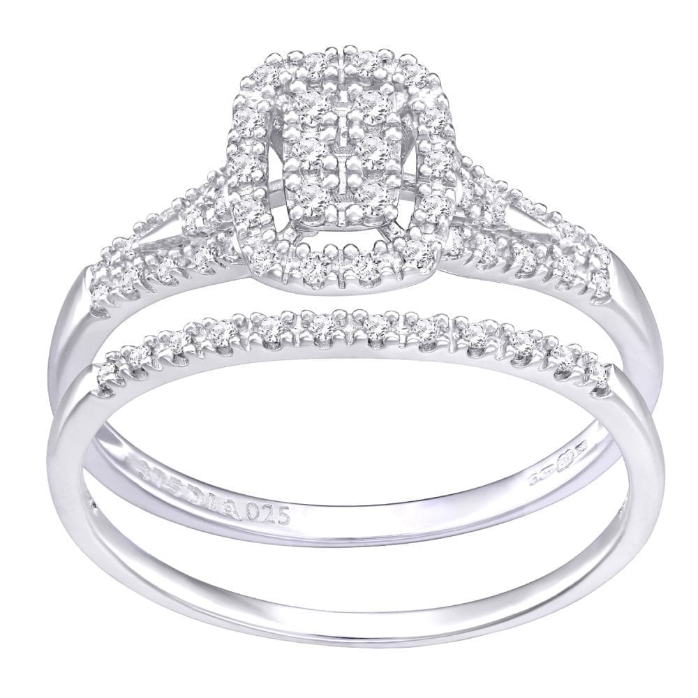 Diamond Cluster Halo Bridal Ring Set 9ct White Gold | Prime Jewellery