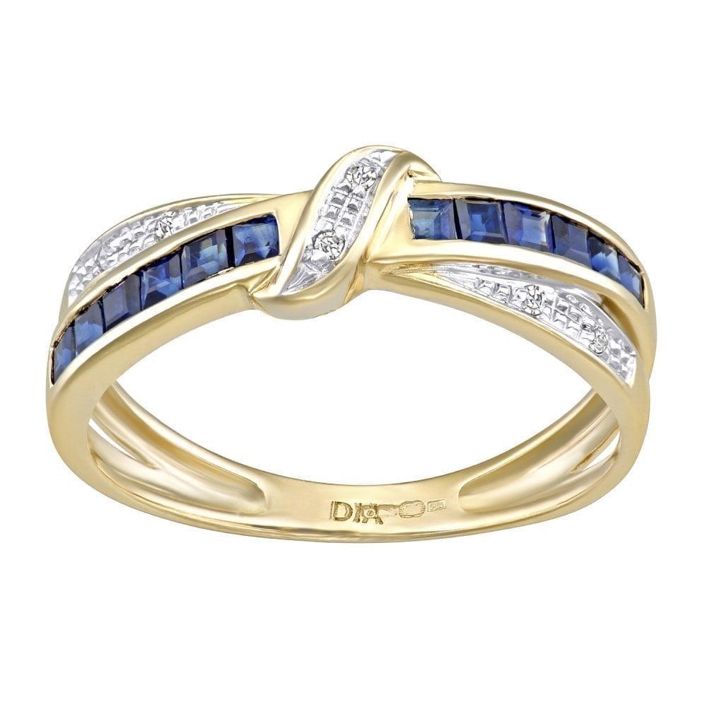0.63 Ct Princess Natural Blue Sapphire and Diamond Crossover Ribbon Ring in 9ct Yellow Gold