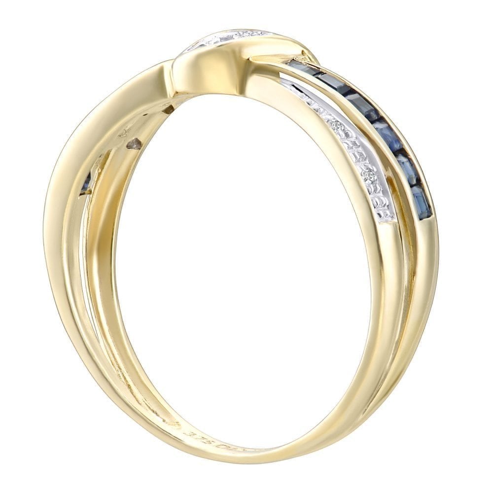 0.63 Ct Princess Natural Blue Sapphire and Diamond Crossover Ribbon Ring in 9ct Yellow Gold