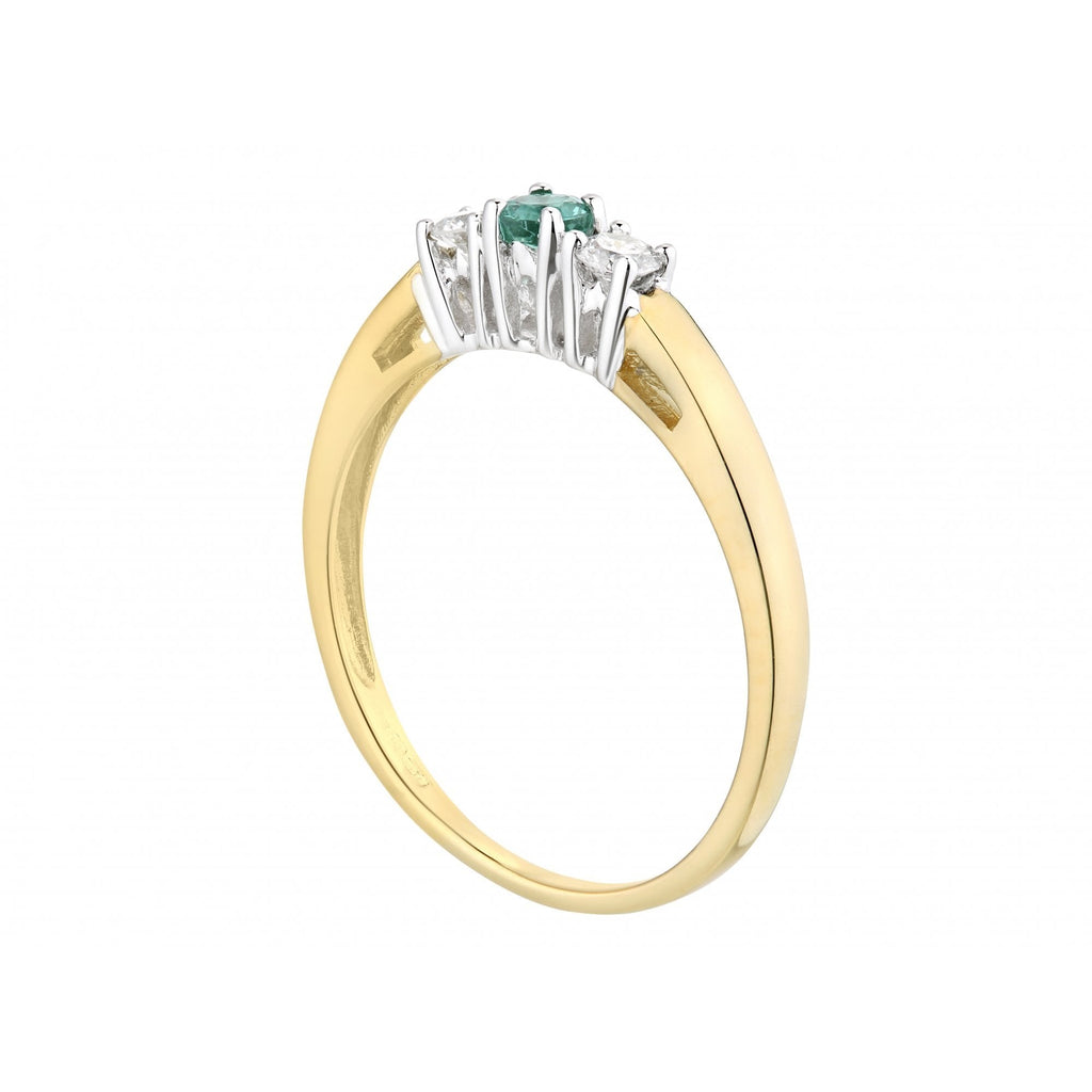 9ct Yellow Gold 0.15ct Diamond and Emerald 3 Stone Ladies Ring