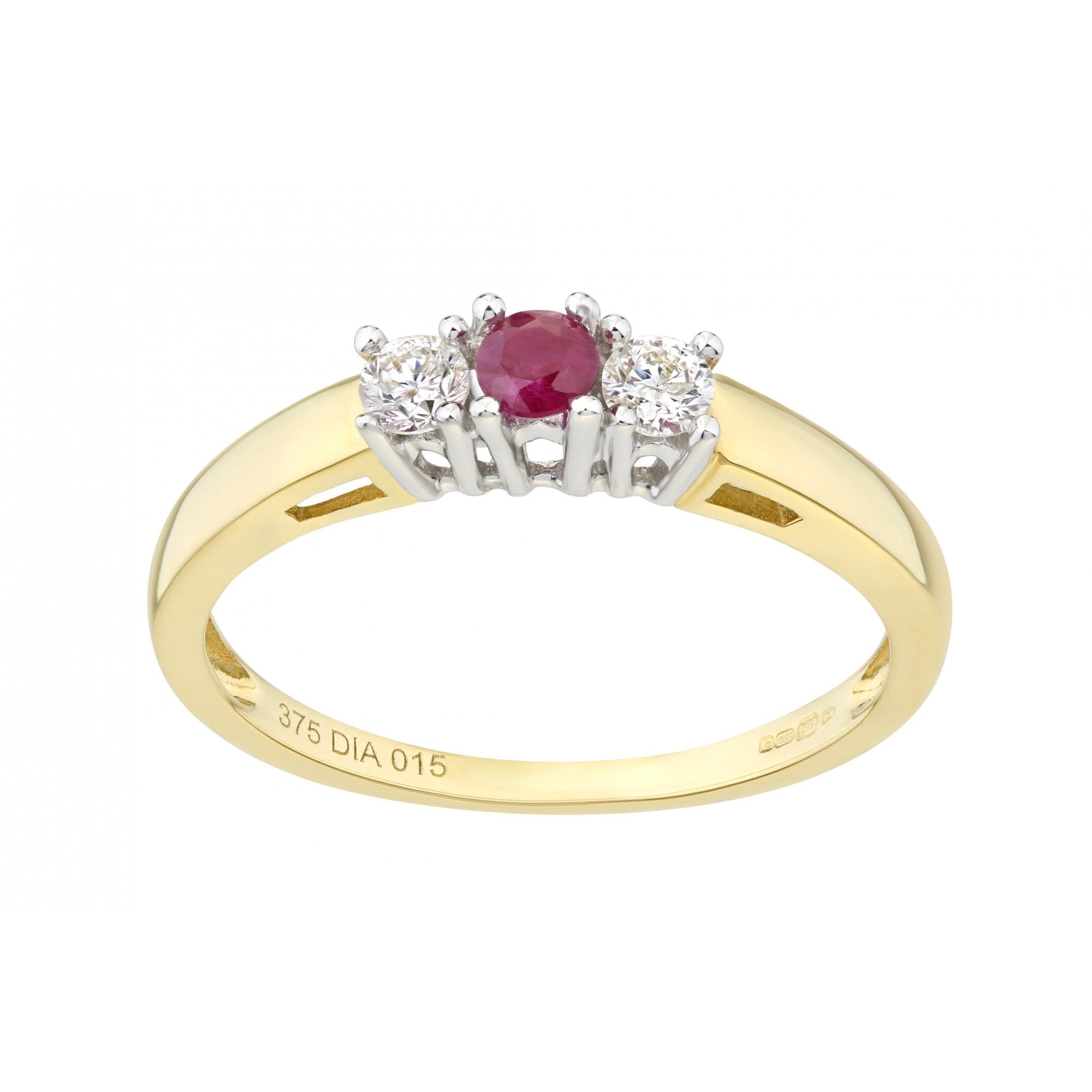 9ct Yellow Gold 0.15ct Diamond and Ruby 3 Stone Ladies Ring