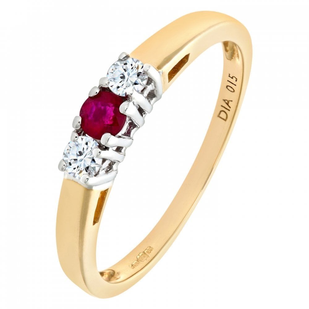 9ct Yellow Gold 0.15ct Diamond and Ruby 3 Stone Ladies Ring
