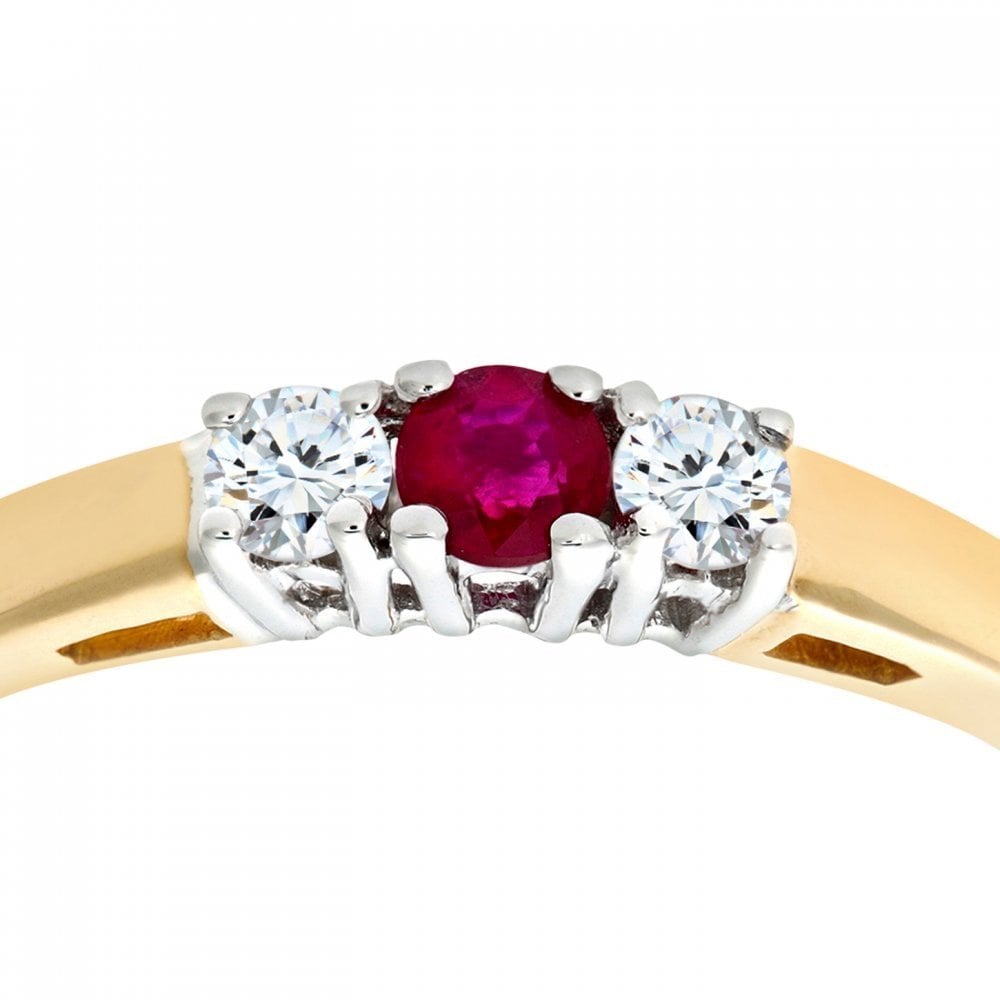 9ct Yellow Gold 0.15ct Diamond and Ruby 3 Stone Ladies Ring