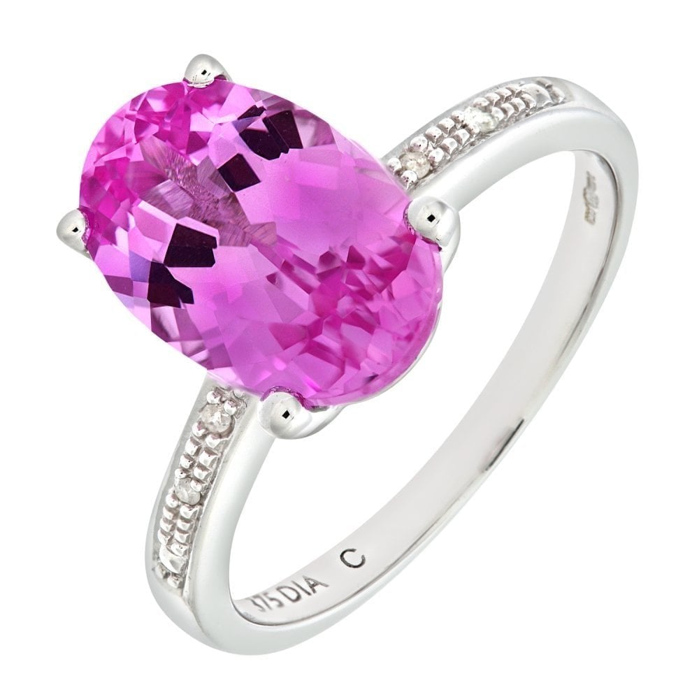 9ct White Gold Single Stone Pink Sapphire with 0.03ct Diamond Collette and Shoulders Ladies Ring